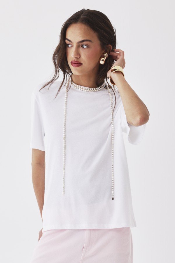 MAJESTIC T-SHIRT MED KORT �RME HVID